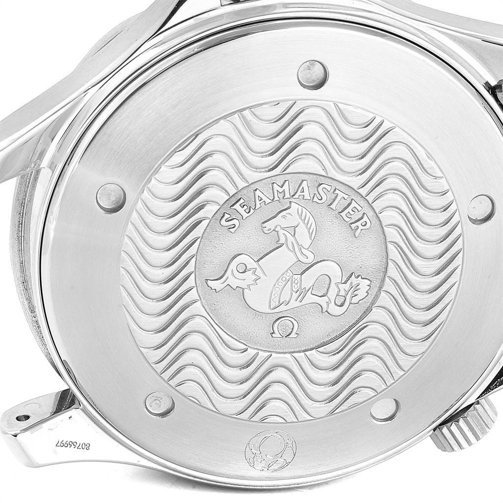 The image shows the back case of an Omega Seamaster 2531.80.00 Men
s Stainless Steel Blue Dial 2531.80.00 Men
s Stainless Steel Blue Dial watch, showcasing its engraved logo and wave pattern.