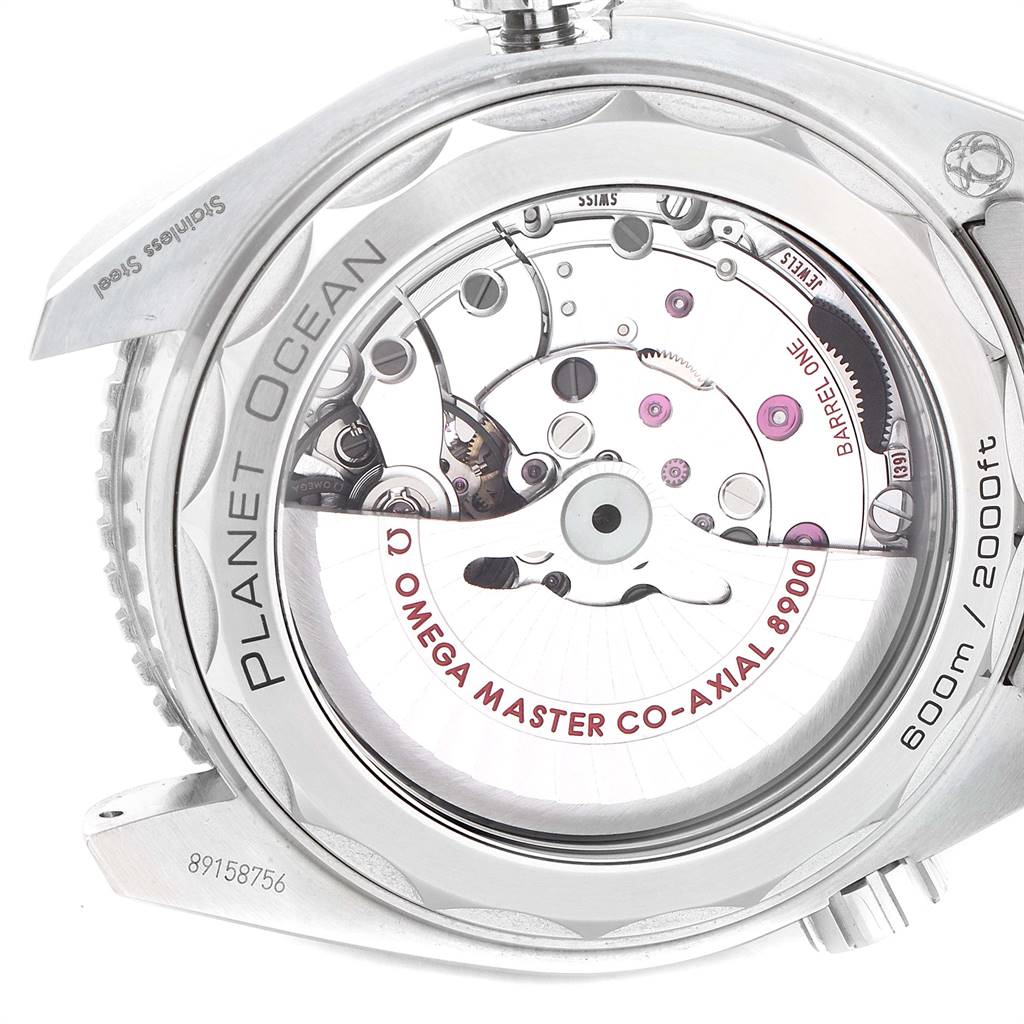 This image shows the back view of the Omega Planet Ocean 215.30.44.21.01.001 Men
s Stainless Steel Black Dial 215.30.44.21.01.001 Men
s Stainless Steel Black Dial watch, highlighting its internal mechanical components.