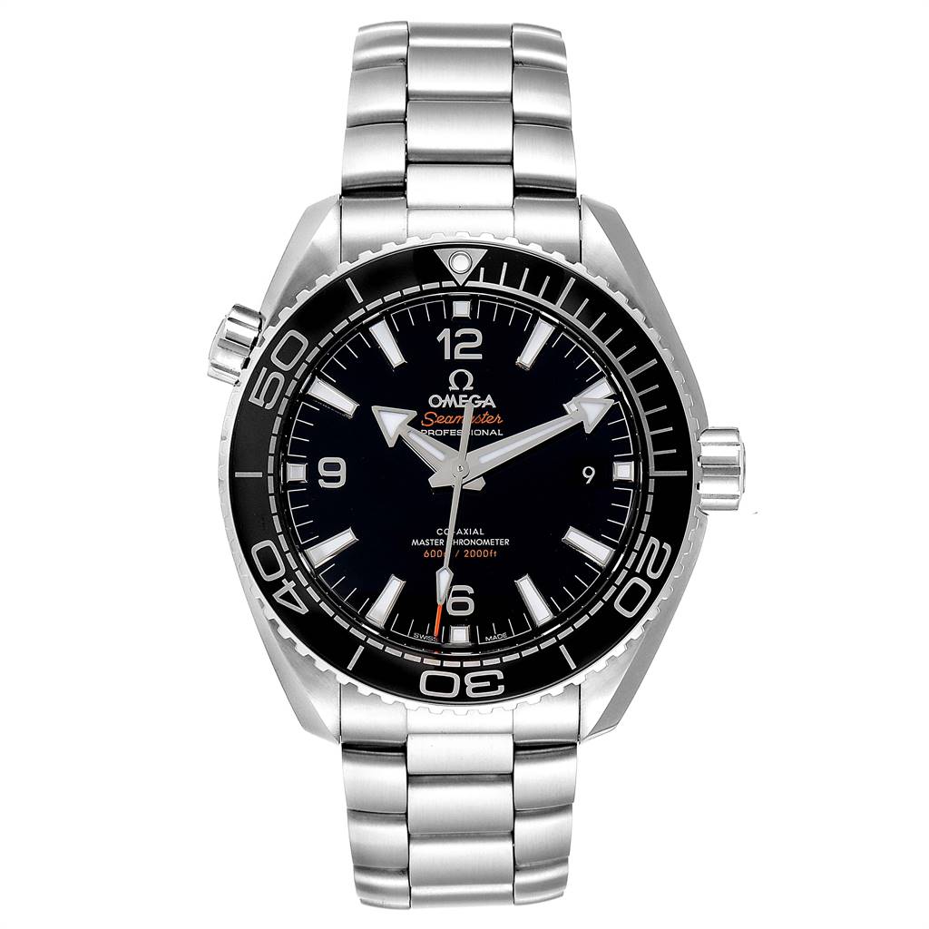 The Omega Planet Ocean 215.30.44.21.01.001 Men
s Stainless Steel Black Dial 215.30.44.21.01.001 Men
s Stainless Steel Black Dial watch is shown from the front, displaying the face, bezel, case, and part of the bracelet.