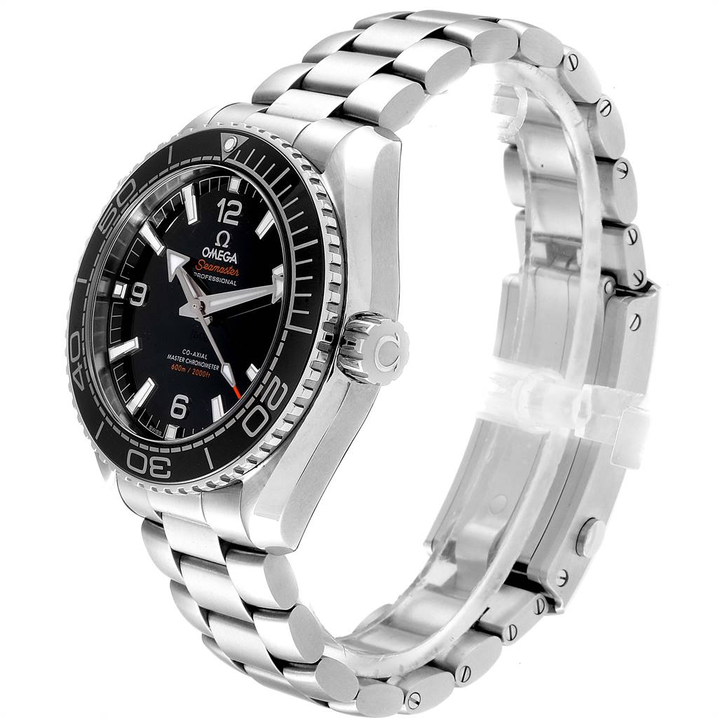 The Omega Planet Ocean 215.30.44.21.01.001 Men
s Stainless Steel Black Dial 215.30.44.21.01.001 Men
s Stainless Steel Black Dial watch is shown at a front-side angle, displaying the dial, bezel, crown, and metal bracelet.