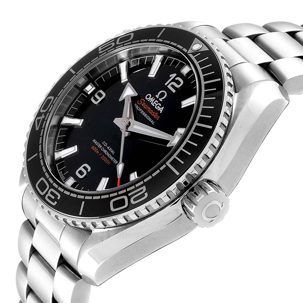 The Omega Planet Ocean 215.30.44.21.01.001 Men
s Stainless Steel Black Dial 215.30.44.21.01.001 Men
s Stainless Steel Black Dial watch is shown at a three-quarter angle, highlighting the face, bezel, and stainless steel bracelet.