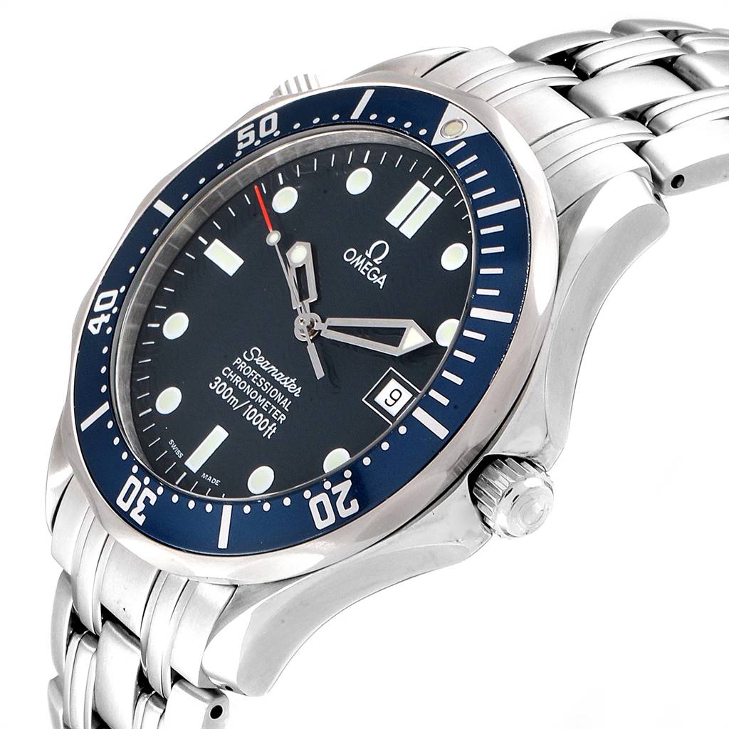 The image shows an Omega Seamaster 2531.80.00 Men
s Stainless Steel Blue Dial 2531.80.00 Men
s Stainless Steel Blue Dial Professional Chronometer watch at a slight angle, highlighting the dial, bezel, bracelet, and crown.