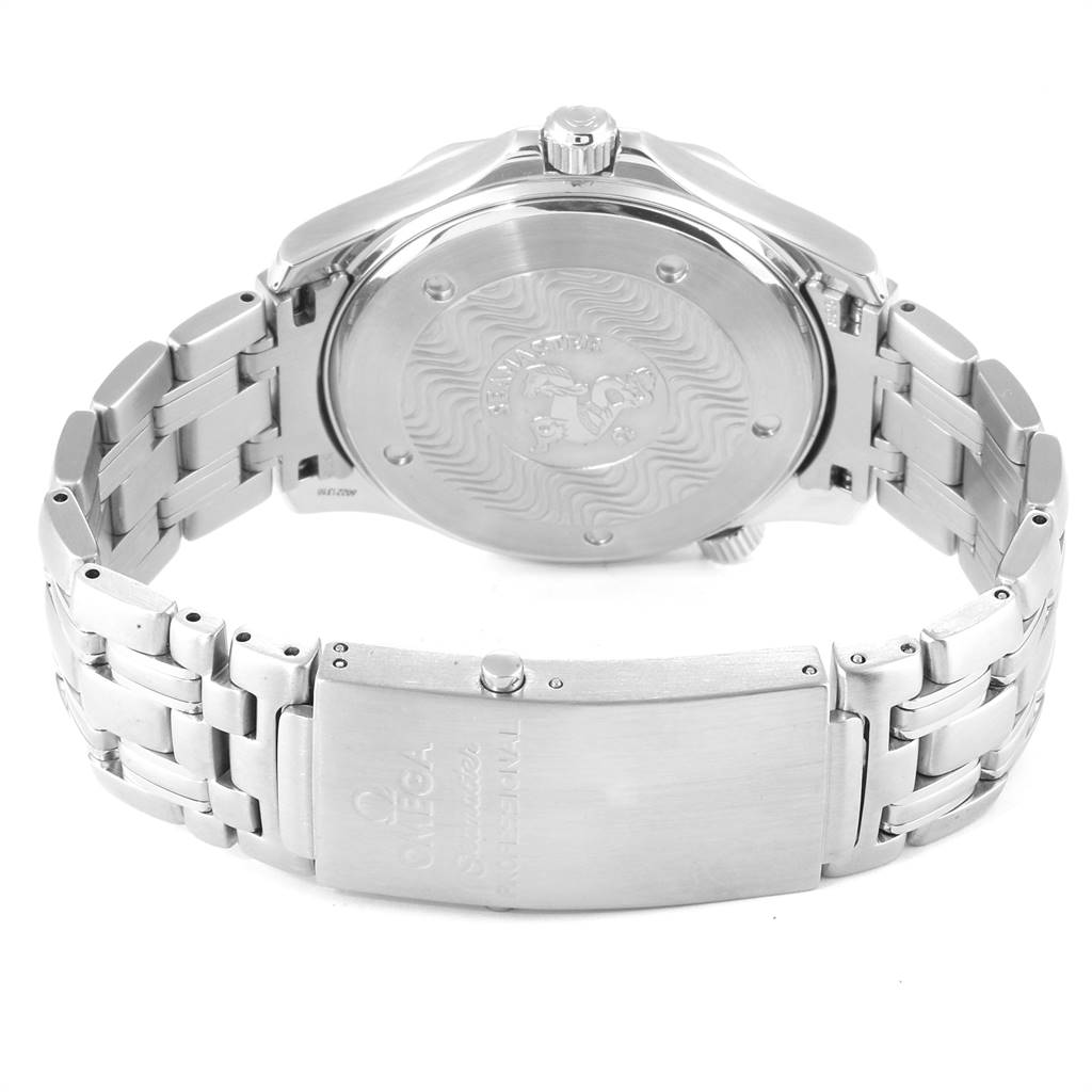 The image shows the back of an Omega Seamaster 2531.80.00 Men
s Stainless Steel Blue Dial 2531.80.00 Men
s Stainless Steel Blue Dial watch, featuring its stainless steel case back and bracelet.