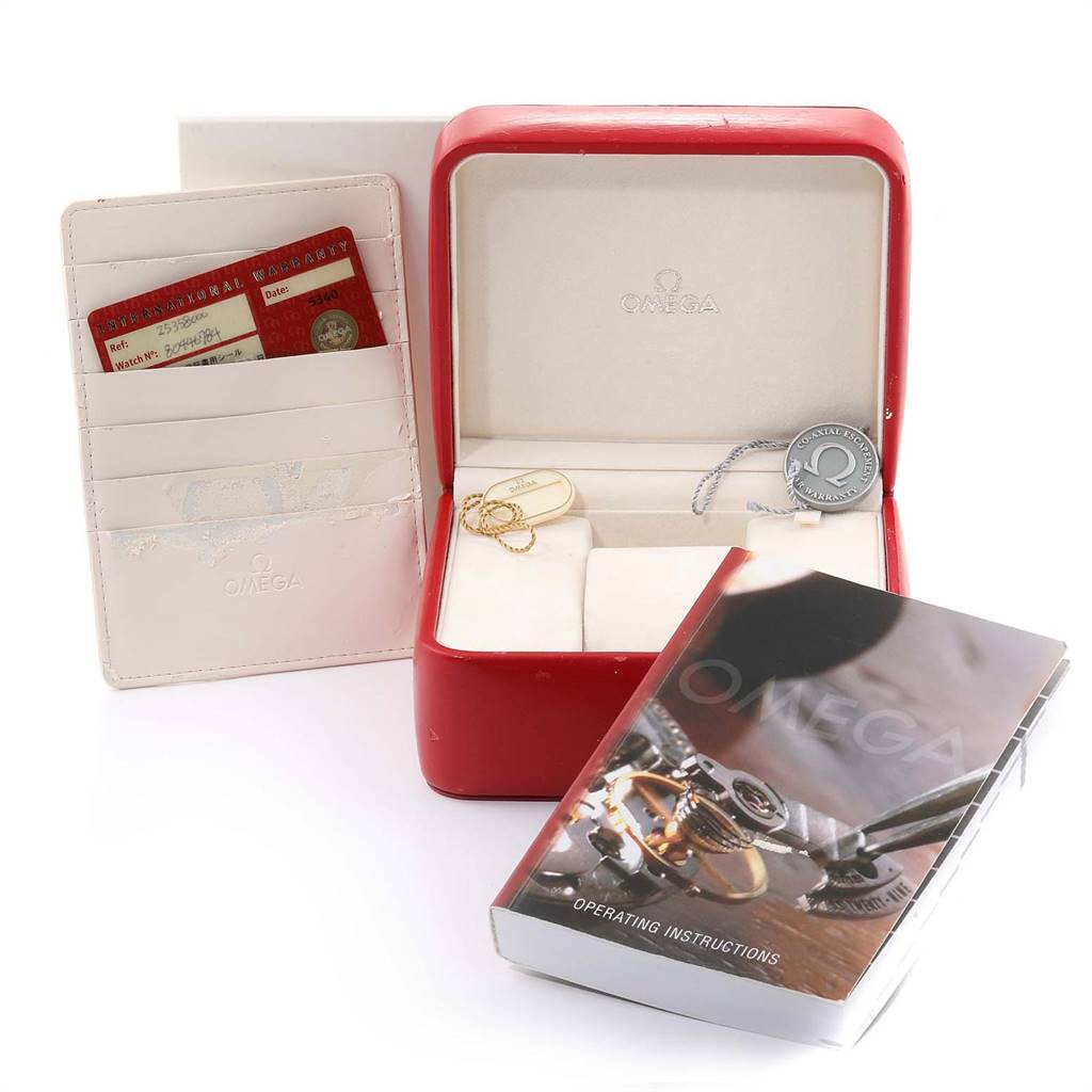 The image shows an Omega Seamaster 2535.80.00 Men
s Stainless Steel Blue Dial 2535.80.00 Men
s Stainless Steel Blue Dial watch box, warranty cards, instruction manual, and watch tags.