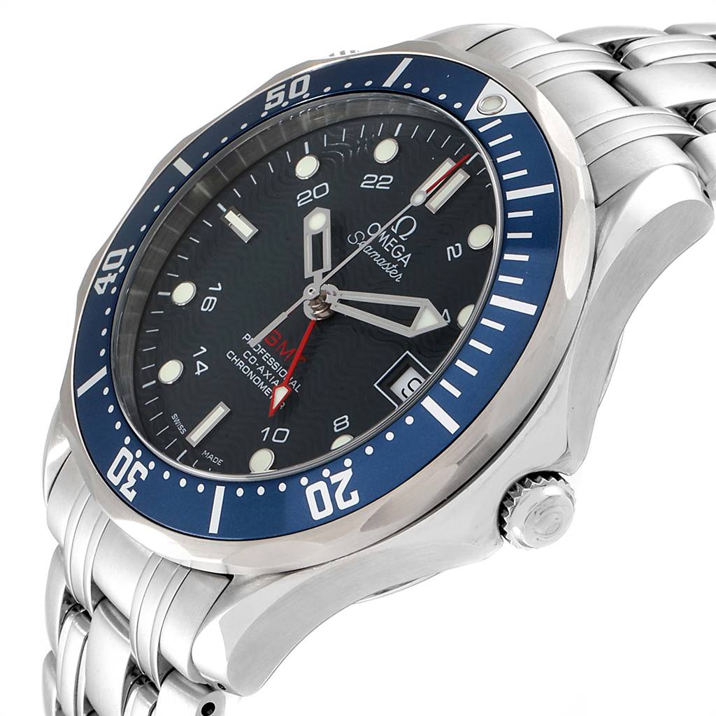 The Omega Seamaster 2535.80.00 Men
s Stainless Steel Blue Dial 2535.80.00 Men
s Stainless Steel Blue Dial watch is shown from a side angle, highlighting the face, bezel, crown, and bracelet.