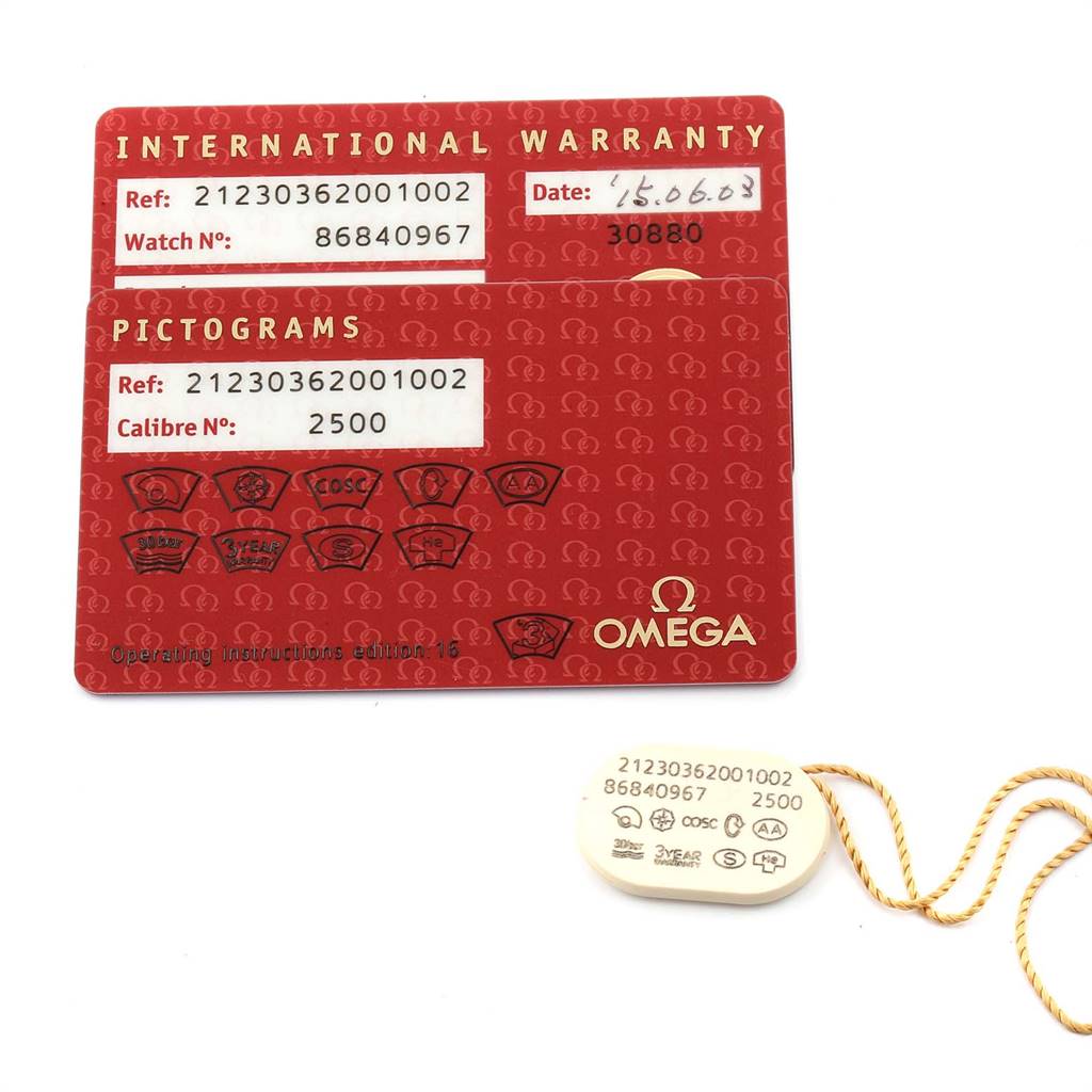 The image shows international warranty and pictogram cards for an Omega Seamaster 212.30.36.20.01.002 Men
s Stainless Steel Black Dial 212.30.36.20.01.002 Men
s Stainless Steel Black Dial model, along with a matching tag.