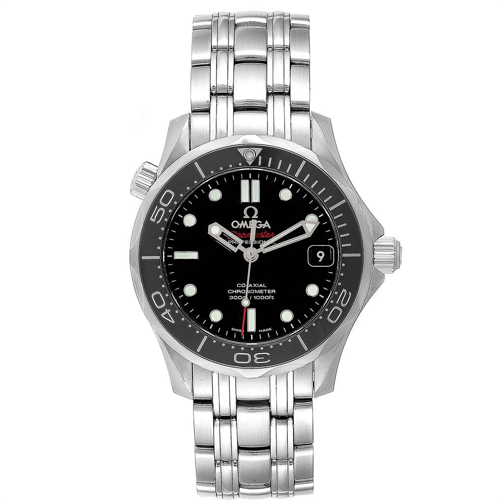 The image shows a front view of the Omega Seamaster 212.30.36.20.01.002 Men
s Stainless Steel Black Dial 212.30.36.20.01.002 Men
s Stainless Steel Black Dial watch, including its bracelet, bezel, and dial with date indicator.
