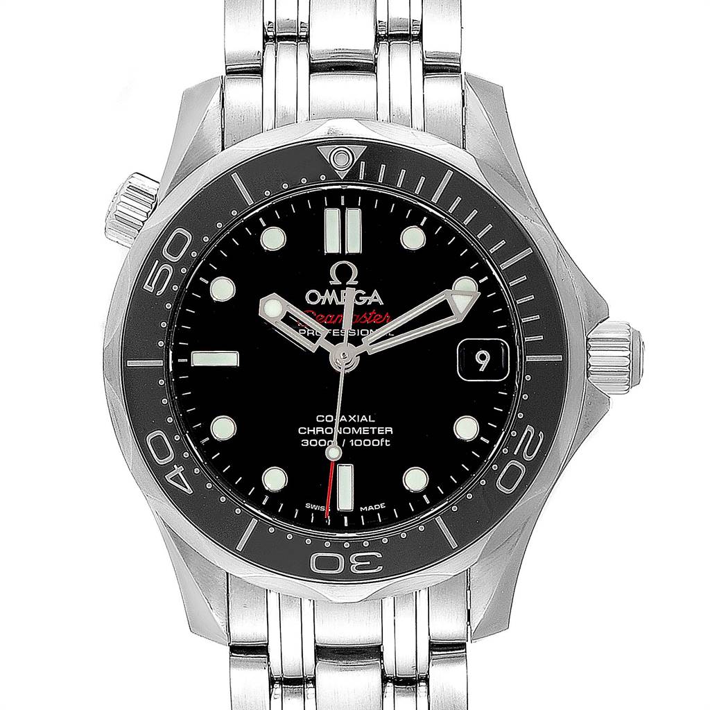The image shows a front view of an Omega Seamaster 212.30.36.20.01.002 Men
s Stainless Steel Black Dial 212.30.36.20.01.002 Men
s Stainless Steel Black Dial watch, displaying the dial, bezel, and part of the bracelet.