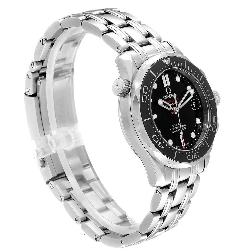 The image shows a side angle of an Omega Seamaster 212.30.36.20.01.002 Men
s Stainless Steel Black Dial 212.30.36.20.01.002 Men
s Stainless Steel Black Dial watch, featuring its stainless steel bracelet and black dial.