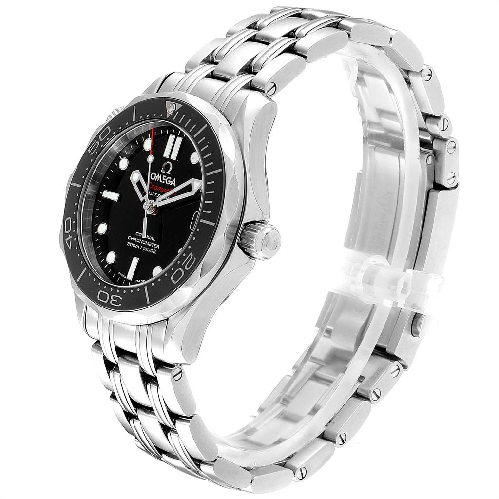 The Omega Seamaster 212.30.36.20.01.002 Men
s Stainless Steel Black Dial 212.30.36.20.01.002 Men
s Stainless Steel Black Dial watch is angled to show the face, bezel, crown, and part of the bracelet.