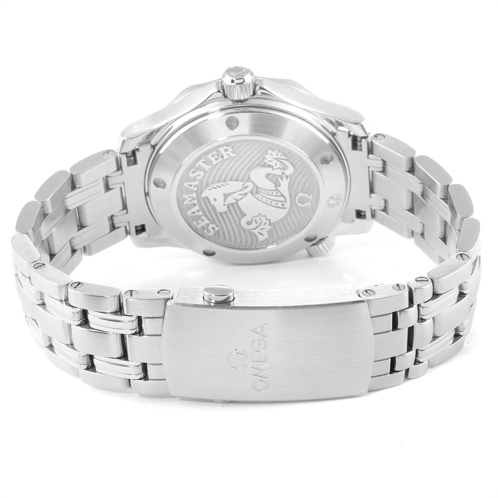 The image shows the back case and stainless steel bracelet of an Omega Seamaster 212.30.36.20.01.002 Men
s Stainless Steel Black Dial 212.30.36.20.01.002 Men
s Stainless Steel Black Dial watch, highlighting the engraved case back logo.