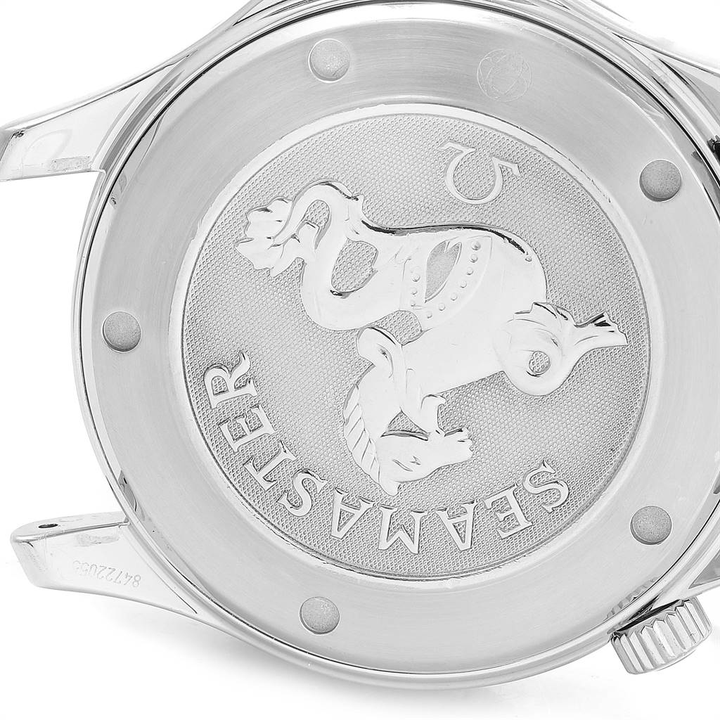 The image shows the back casing of an Omega Seamaster 212.30.41.20.01.002 Men's Stainless Steel Black Dial 212.30.41.20.01.002 Men's Stainless Steel Black Dial watch with an embossed design and the model name engraved.