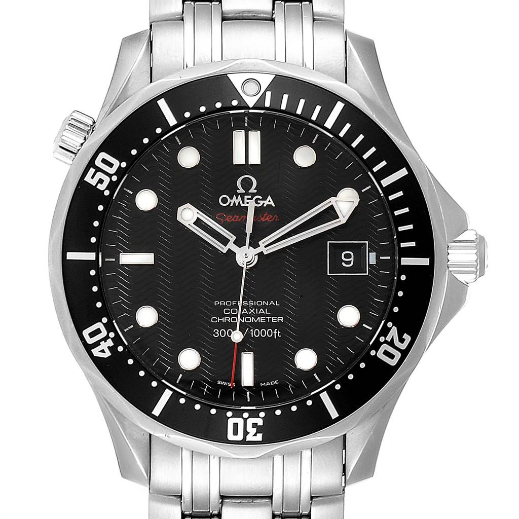 The Omega Seamaster 212.30.41.20.01.002 Men's Stainless Steel Black Dial 212.30.41.20.01.002 Men's Stainless Steel Black Dial watch shown is viewed from the front, highlighting the dial, bezel, crown, and stainless steel bracelet.
