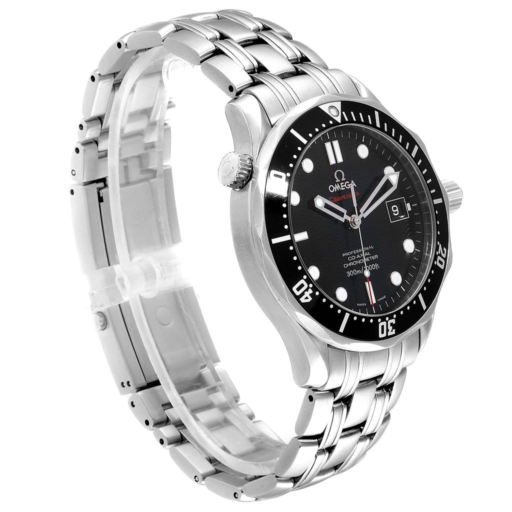 The image shows an angled side view of the Omega Seamaster 212.30.41.20.01.002 Men's Stainless Steel Black Dial 212.30.41.20.01.002 Men's Stainless Steel Black Dial watch, highlighting its face, bezel, crown, and metal bracelet.