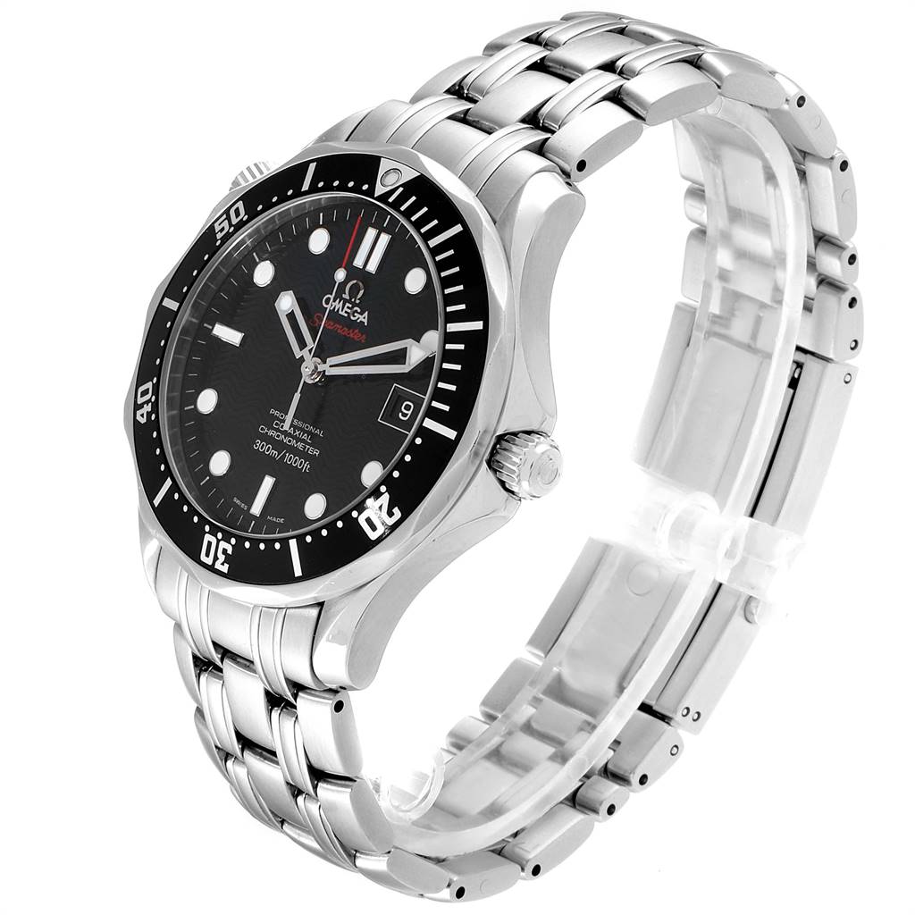 The image shows a side view of the Omega Seamaster 212.30.41.20.01.002 Men's Stainless Steel Black Dial 212.30.41.20.01.002 Men's Stainless Steel Black Dial watch, highlighting its dial, bezel, crown, and stainless steel bracelet.