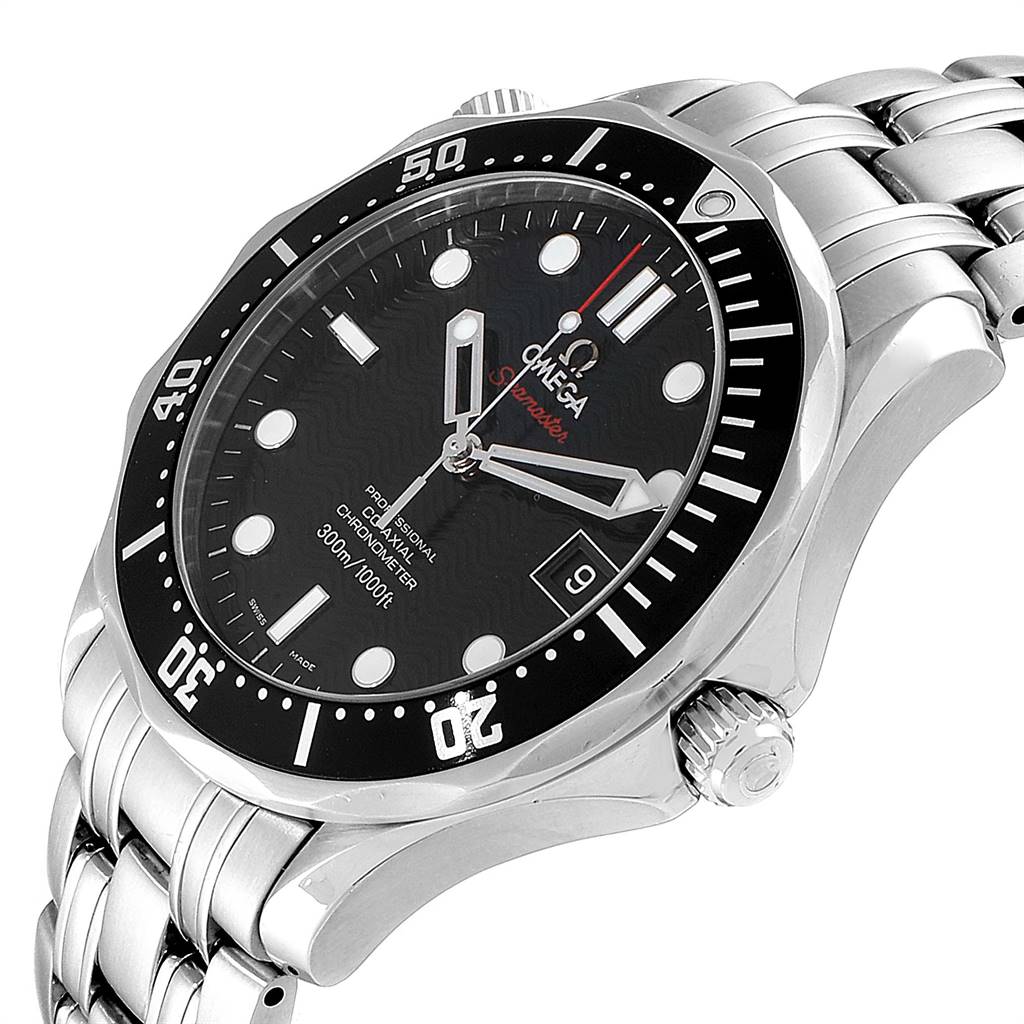 The Omega Seamaster 212.30.41.20.01.002 Men's Stainless Steel Black Dial 212.30.41.20.01.002 Men's Stainless Steel Black Dial watch is shown at a slight angle, highlighting its face, bezel, and stainless steel bracelet.