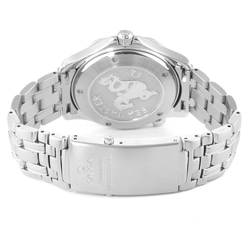 The image shows the back view of an Omega Seamaster 212.30.41.20.01.002 Men's Stainless Steel Black Dial 212.30.41.20.01.002 Men's Stainless Steel Black Dial, including the case back and the steel bracelet with clasp.