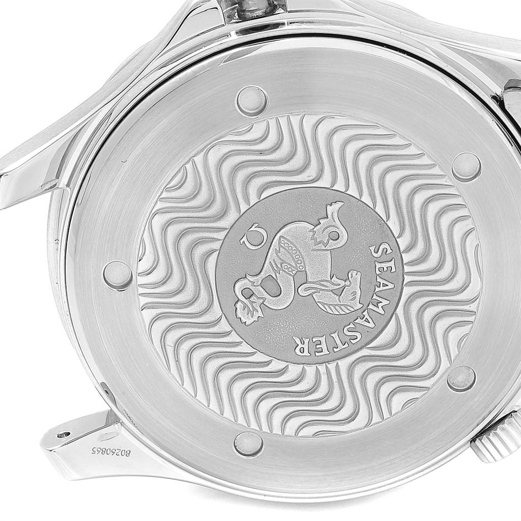 The image shows the case back of an Omega Seamaster 2255.80.00 Men
s Stainless Steel Blue Dial 2255.80.00 Men
s Stainless Steel Blue Dial watch, featuring an embossed emblem.