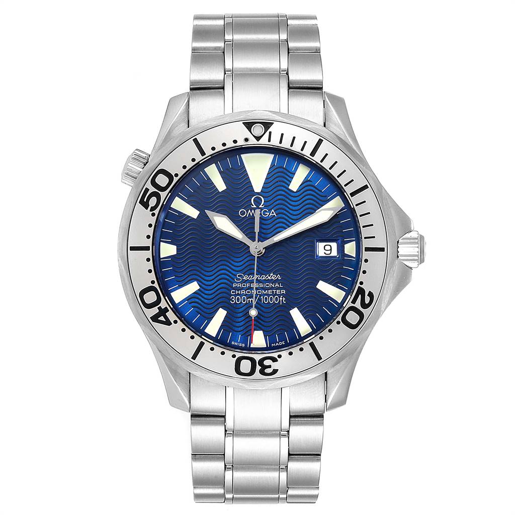 This Omega Seamaster 2255.80.00 Men
s Stainless Steel Blue Dial 2255.80.00 Men
s Stainless Steel Blue Dial watch is shown from a front angle, displaying its blue dial, bezel, and metal bracelet.