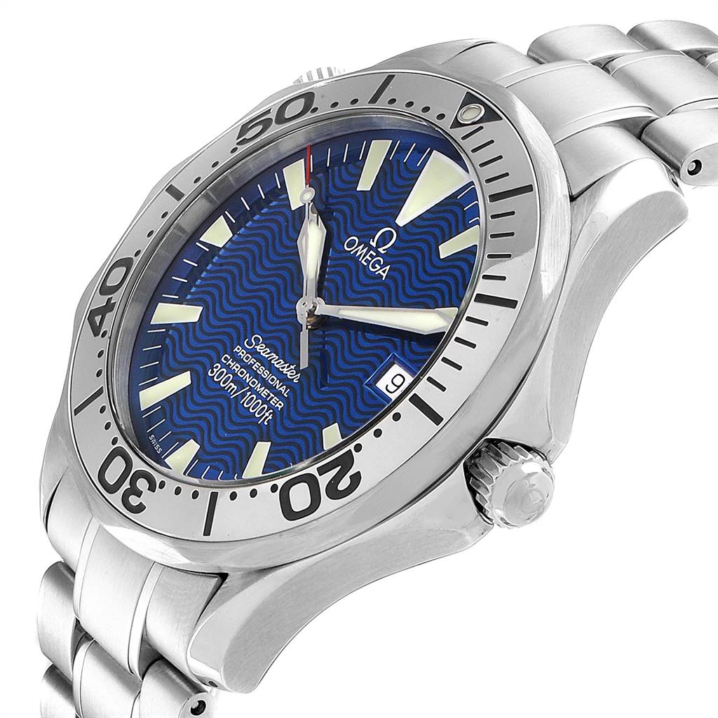 The Omega Seamaster 2255.80.00 Men
s Stainless Steel Blue Dial 2255.80.00 Men
s Stainless Steel Blue Dial watch is shown at an angled side view, highlighting the dial, bezel, and part of the bracelet.