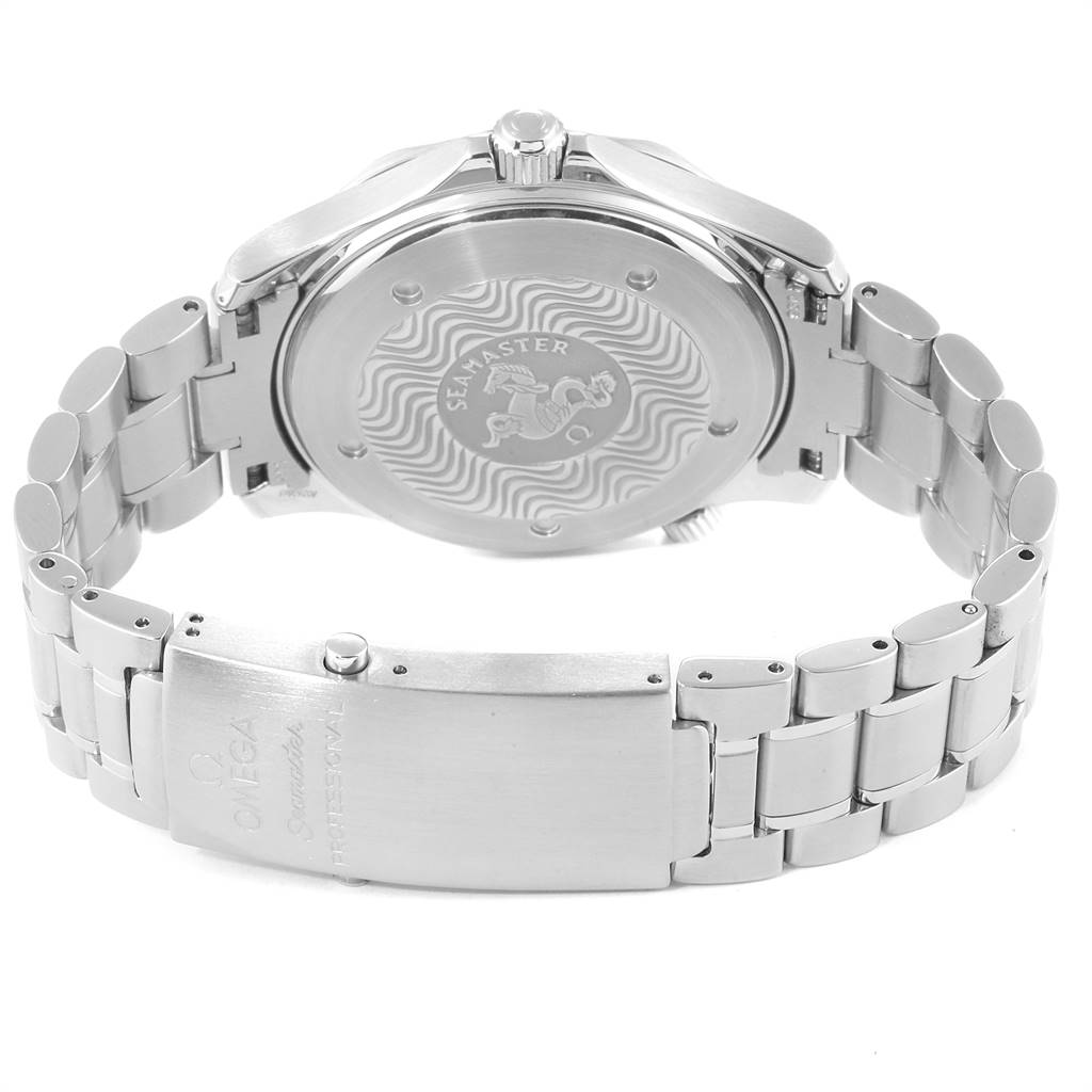 The image shows the back and clasp of an Omega Seamaster 2255.80.00 Men
s Stainless Steel Blue Dial 2255.80.00 Men
s Stainless Steel Blue Dial watch, including the bracelet and case back.