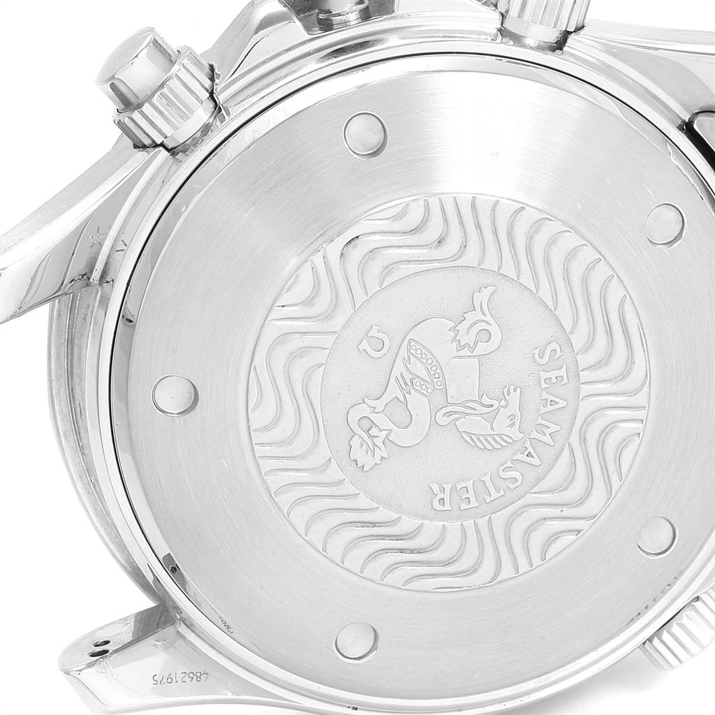 The image shows the back case of an Omega Seamaster 2599.80.00 Men
s Stainless Steel Blue Dial 2599.80.00 Men
s Stainless Steel Blue Dial watch, highlighting the engraved logo and some control knobs on the side. 