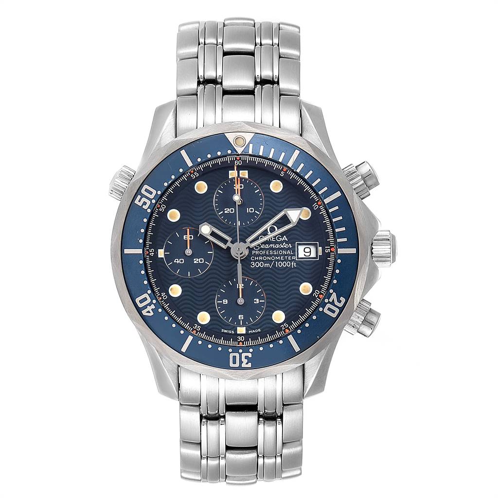 This image shows a front view of an Omega Seamaster 2599.80.00 Men
s Stainless Steel Blue Dial 2599.80.00 Men
s Stainless Steel Blue Dial watch, displaying the face, bezel, chronograph, and metal bracelet.