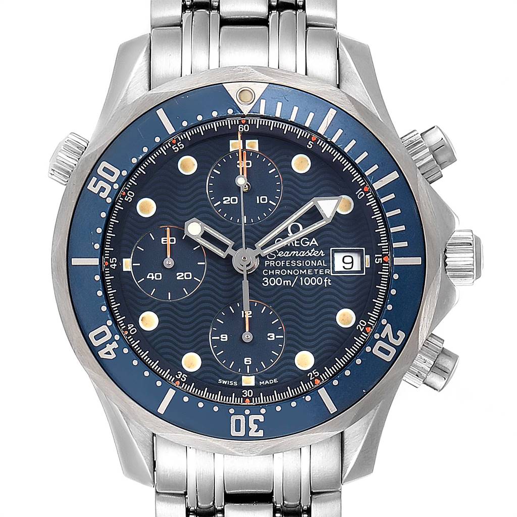 The image shows a front view of an Omega Seamaster 2599.80.00 Men
s Stainless Steel Blue Dial 2599.80.00 Men
s Stainless Steel Blue Dial watch, featuring the dial, bezel, chronograph sub-dials, and stainless steel bracelet.