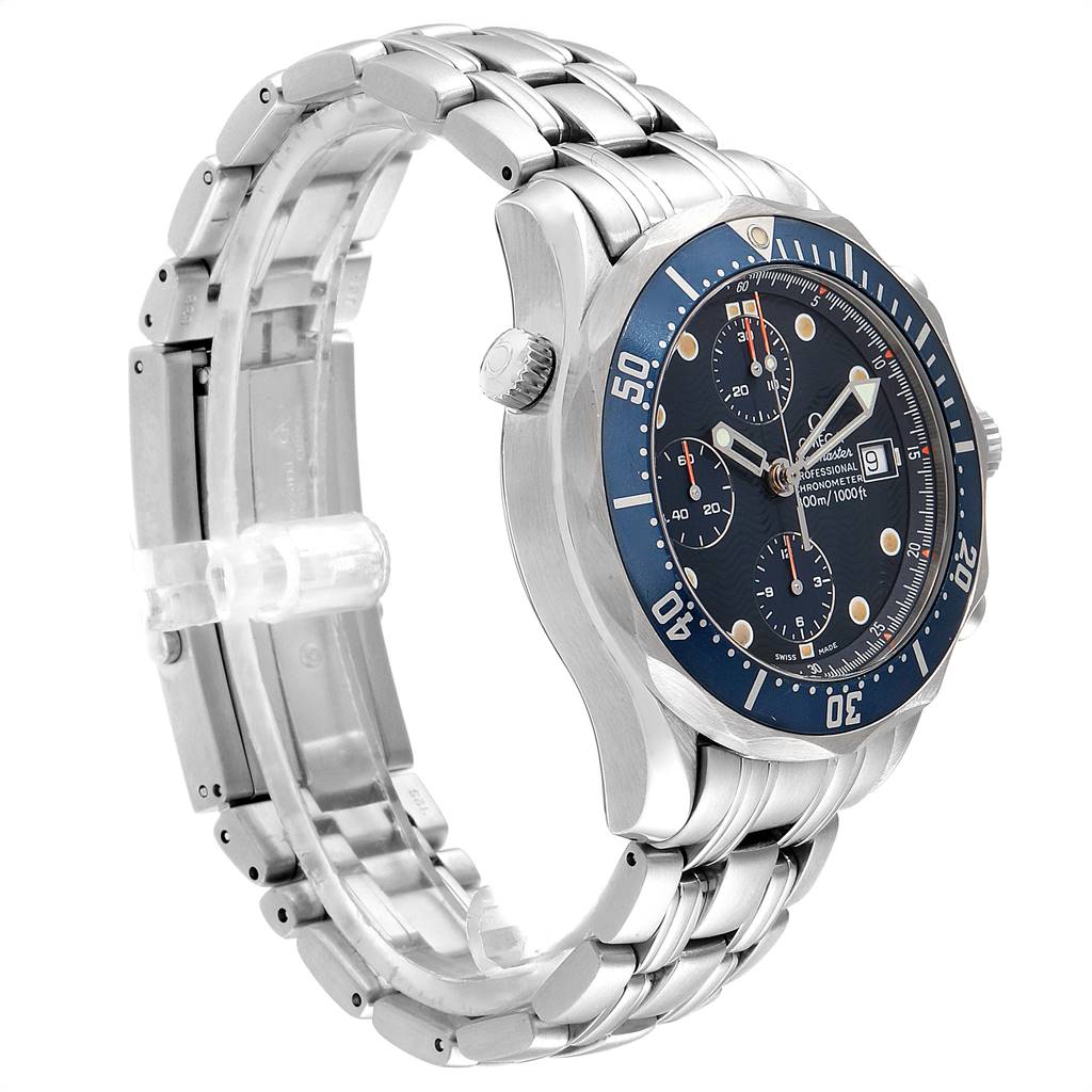 The image shows an Omega Seamaster 2599.80.00 Men
s Stainless Steel Blue Dial 2599.80.00 Men
s Stainless Steel Blue Dial watch at a three-quarter angle, highlighting the bezel, crown, and stainless steel bracelet.