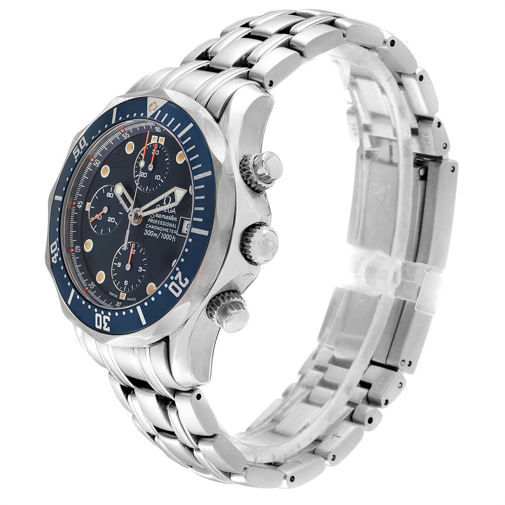 The Omega Seamaster 2599.80.00 Men
s Stainless Steel Blue Dial 2599.80.00 Men
s Stainless Steel Blue Dial watch is shown at a three-quarter angle, highlighting the bezel, crown, case, and stainless steel bracelet.
