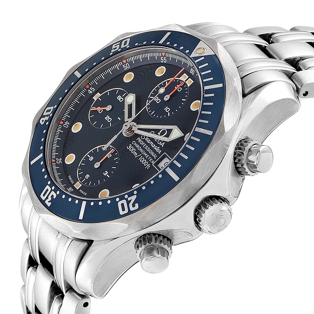 The image shows a side angle of the Omega Seamaster 2599.80.00 Men
s Stainless Steel Blue Dial 2599.80.00 Men
s Stainless Steel Blue Dial, highlighting the bezel, dial, crown, and chronograph pushers.