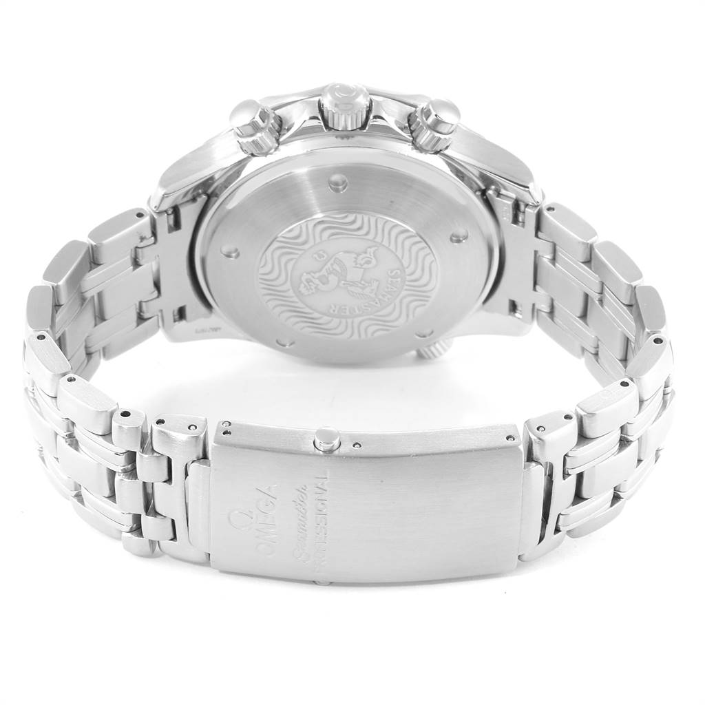 The image shows the back case and bracelet clasp of an Omega Seamaster 2599.80.00 Men
s Stainless Steel Blue Dial 2599.80.00 Men
s Stainless Steel Blue Dial watch, viewed from the rear angle.