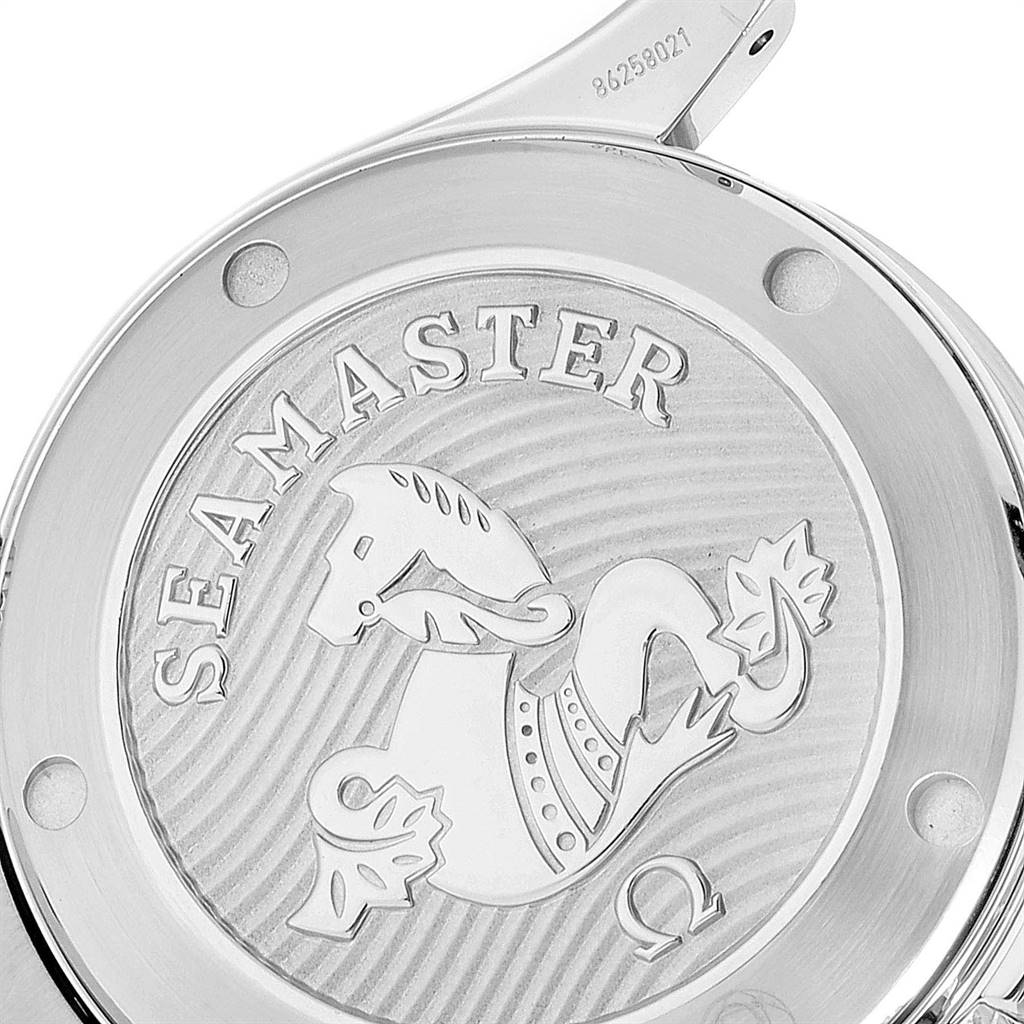 The image shows the case back of an Omega Seamaster 212.30.36.20.01.002 Men
s Stainless Steel Black Dial 212.30.36.20.01.002 Men
s Stainless Steel Black Dial watch, featuring the branded seahorse and engravings.