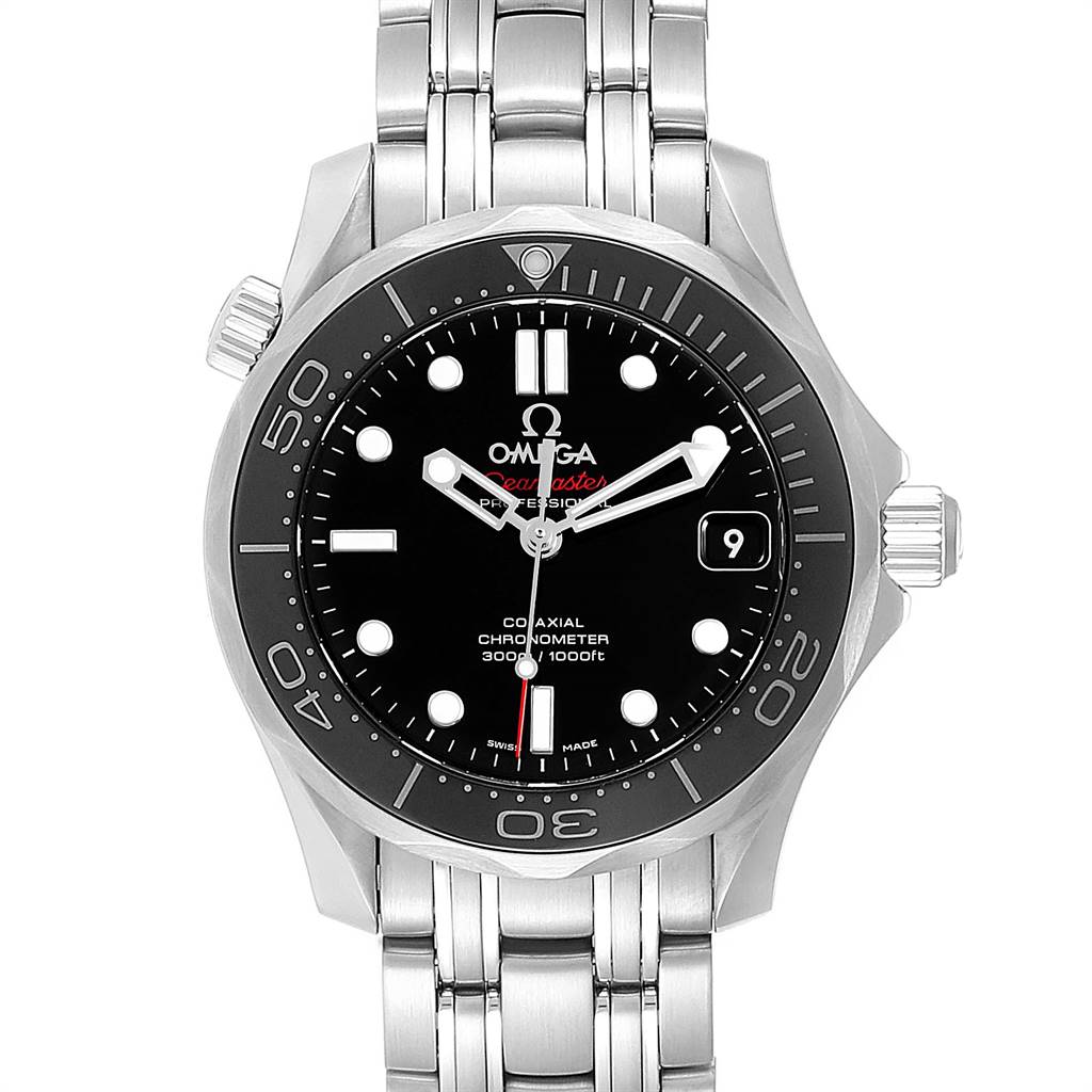 The image shows a front view of the Omega Seamaster 212.30.36.20.01.002 Men
s Stainless Steel Black Dial 212.30.36.20.01.002 Men
s Stainless Steel Black Dial watch, displaying its dial, bezel, and stainless steel bracelet.