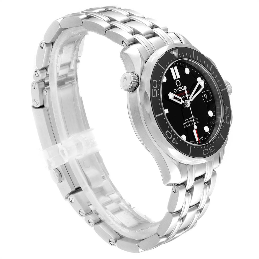 The image shows a side angle of an Omega Seamaster 212.30.36.20.01.002 Men
s Stainless Steel Black Dial 212.30.36.20.01.002 Men
s Stainless Steel Black Dial watch, highlighting its dial, bezel, crown, and metal bracelet.