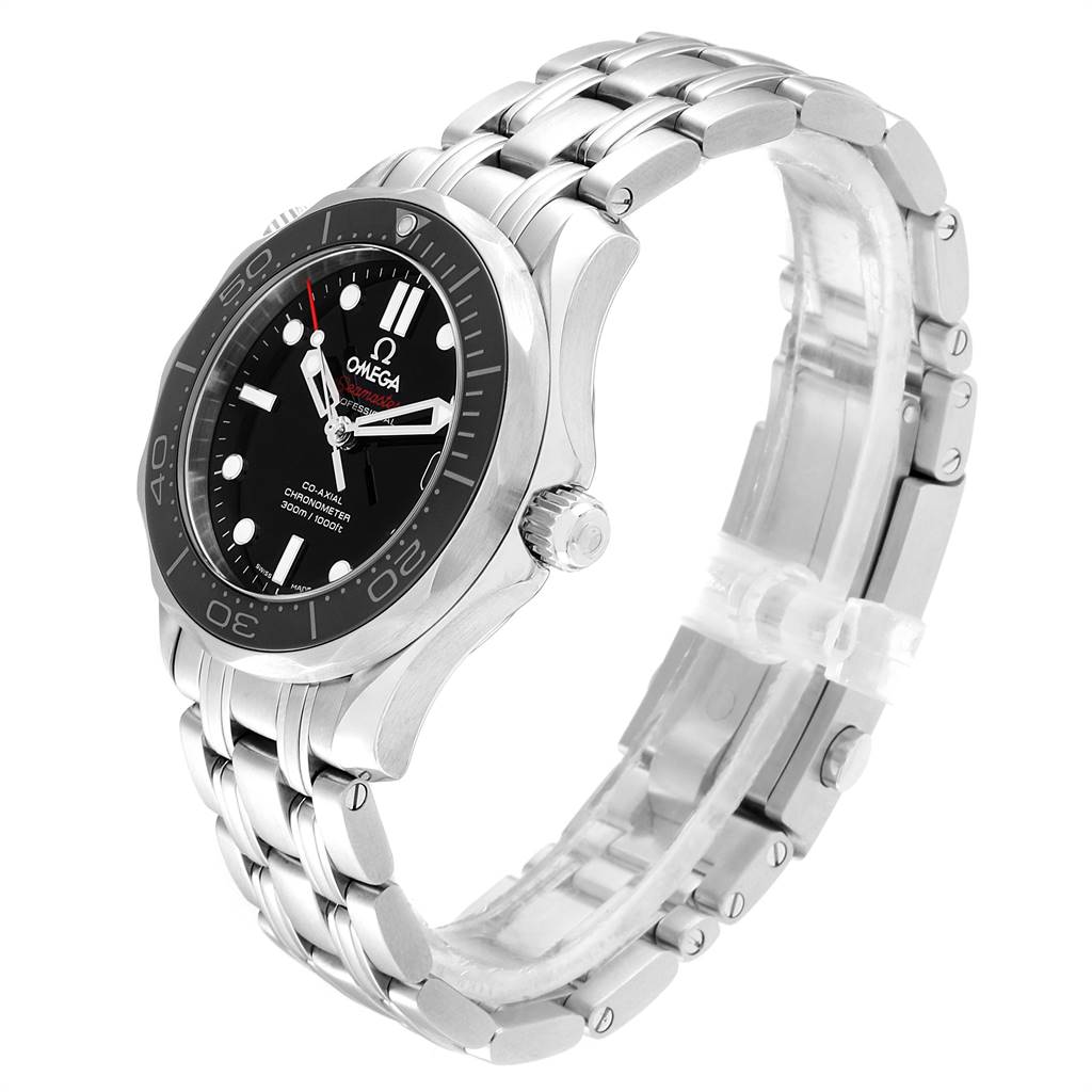 The image shows a side and top angle of an Omega Seamaster 212.30.36.20.01.002 Men
s Stainless Steel Black Dial 212.30.36.20.01.002 Men
s Stainless Steel Black Dial watch, highlighting its black bezel, dial, and metal bracelet.