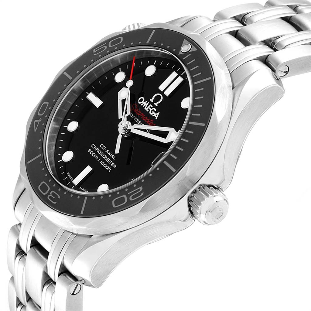 The Omega Seamaster 212.30.36.20.01.002 Men
s Stainless Steel Black Dial 212.30.36.20.01.002 Men
s Stainless Steel Black Dial watch is shown at an angled close-up view, highlighting the dial, bezel, crown, and part of the bracelet.