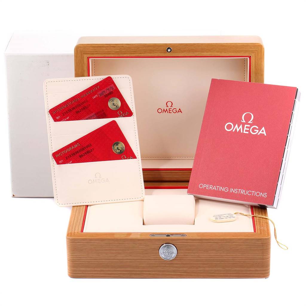 This image shows the packaging and accessories of an Omega Seamaster 212.30.36.20.01.002 Men
s Stainless Steel Black Dial 212.30.36.20.01.002 Men
s Stainless Steel Black Dial model, including the wooden box, instruction manual, and certification cards.