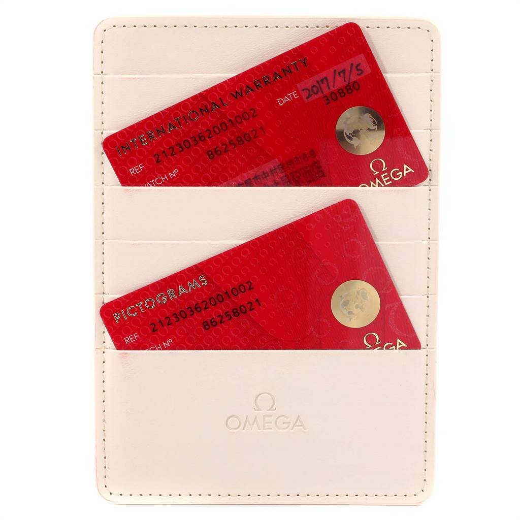 The image shows Omega Seamaster 212.30.36.20.01.002 Men
s Stainless Steel Black Dial 212.30.36.20.01.002 Men
s Stainless Steel Black Dial warranty and pictogram cards in a white Omega-branded cardholder, viewed from above.