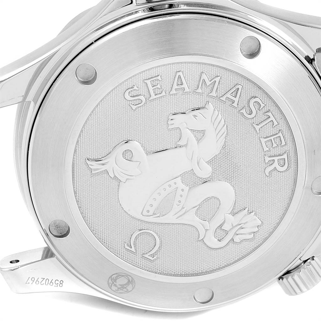 The image shows the case back of an Omega Seamaster 212.30.36.20.01.001 Stainless Steel Black Dial 212.30.36.20.01.001 Stainless Steel Black Dial watch, featuring an embossed emblem and text.