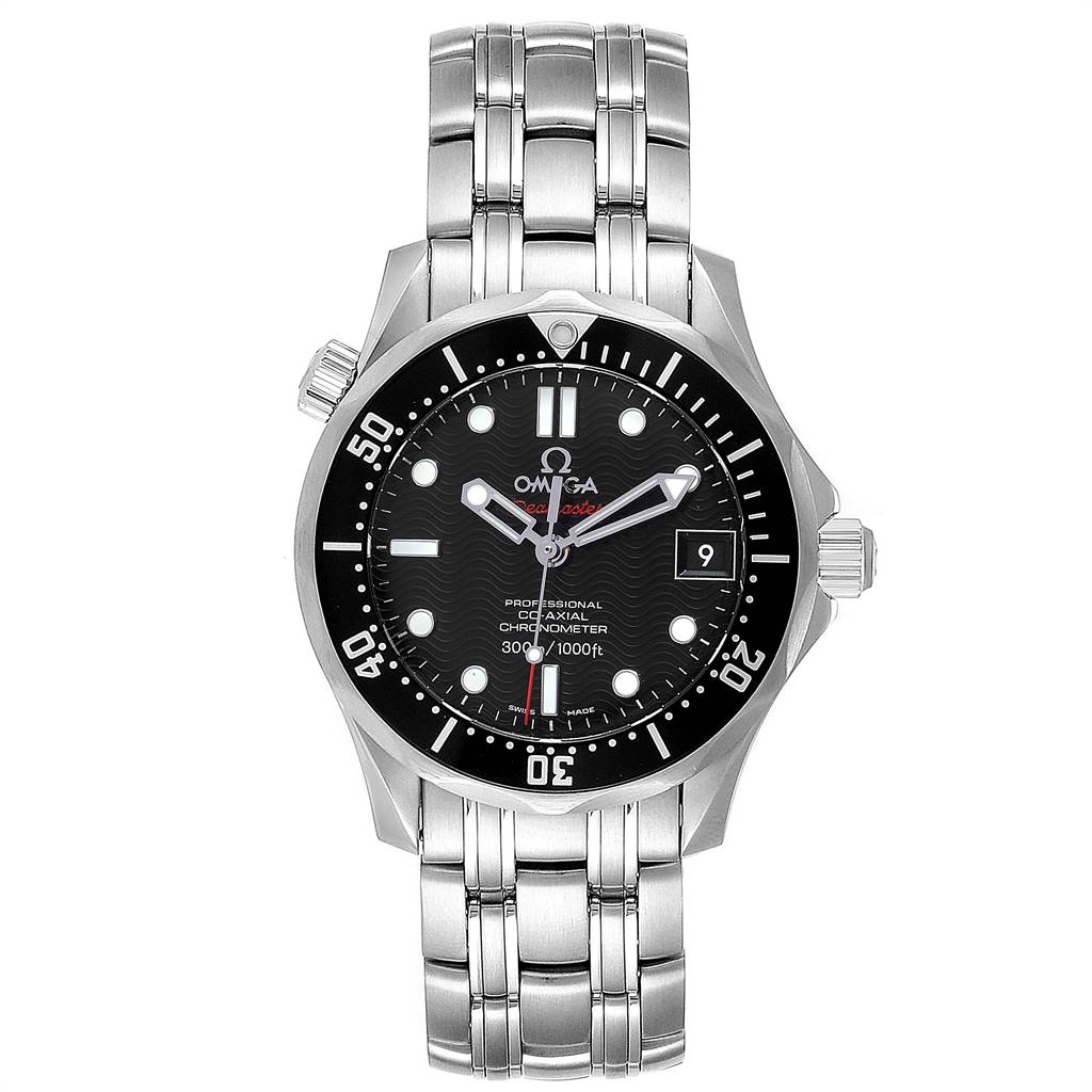 The Omega Seamaster 212.30.36.20.01.001 Stainless Steel Black Dial 212.30.36.20.01.001 Stainless Steel Black Dial watch is shown from a top-down angle, displaying its full face and bracelet.