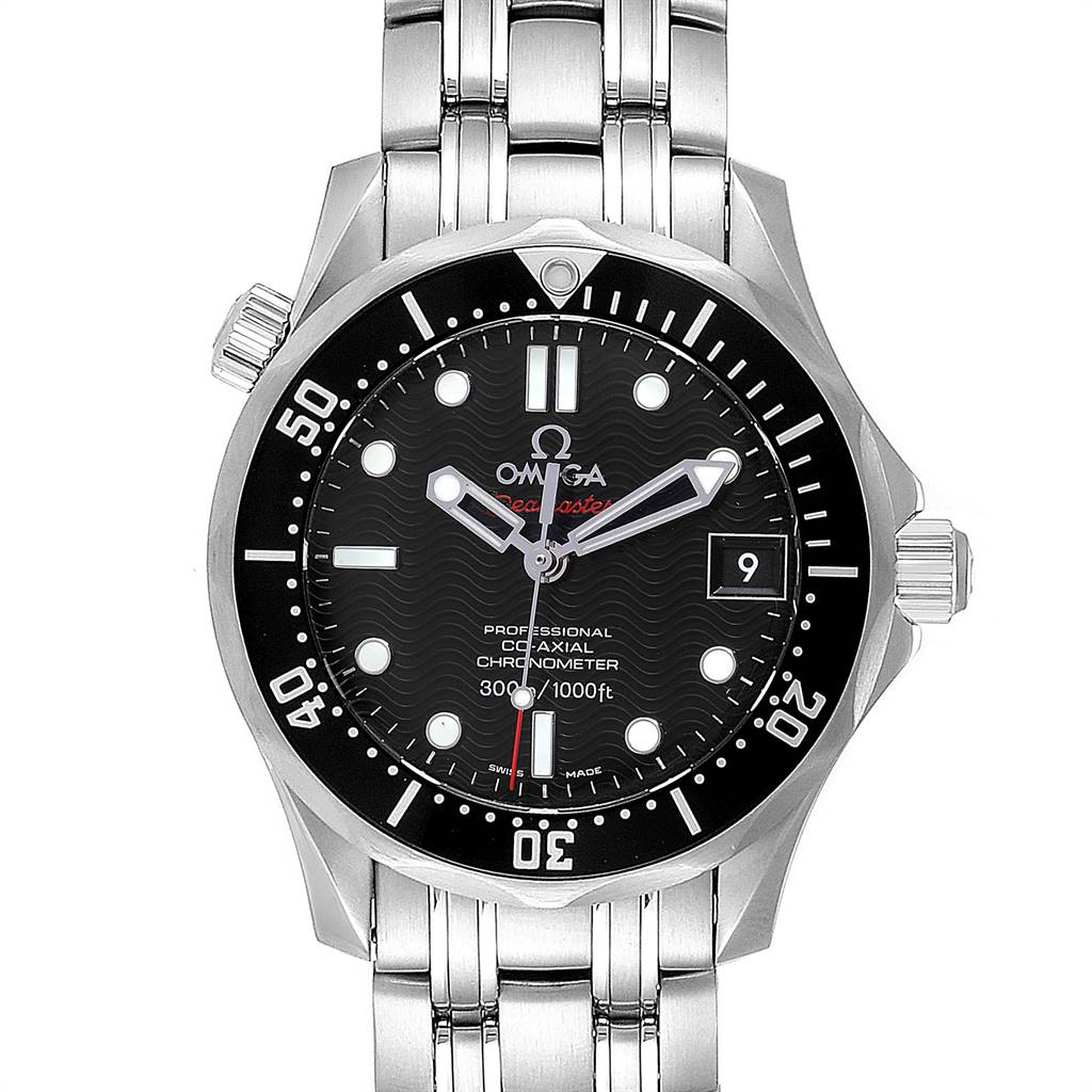 The Omega Seamaster 212.30.36.20.01.001 Stainless Steel Black Dial 212.30.36.20.01.001 Stainless Steel Black Dial watch is shown from a front angle, displaying the watch face, bezel, and part of the bracelet.