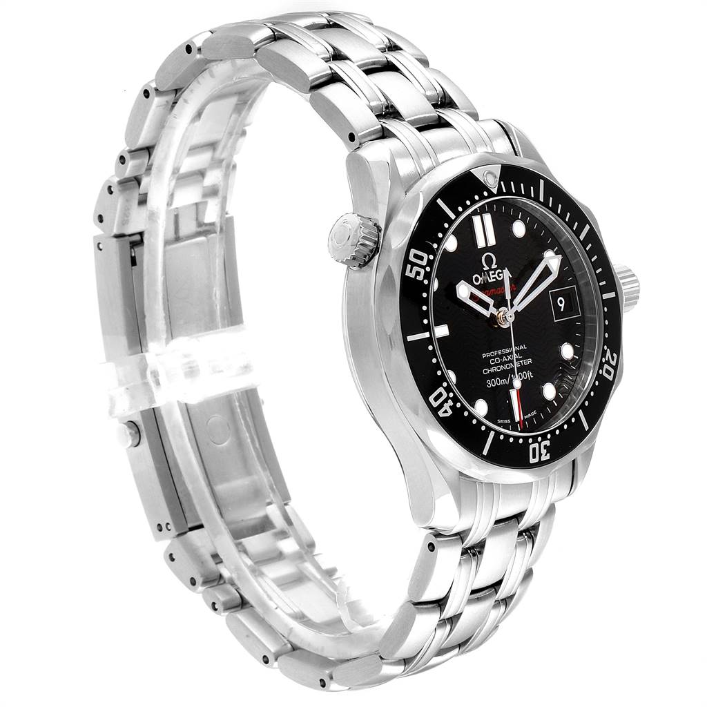 The Omega Seamaster 212.30.36.20.01.001 Stainless Steel Black Dial 212.30.36.20.01.001 Stainless Steel Black Dial watch is shown at a slight angle displaying the face, bezel, case, bracelet, and crown on its side.