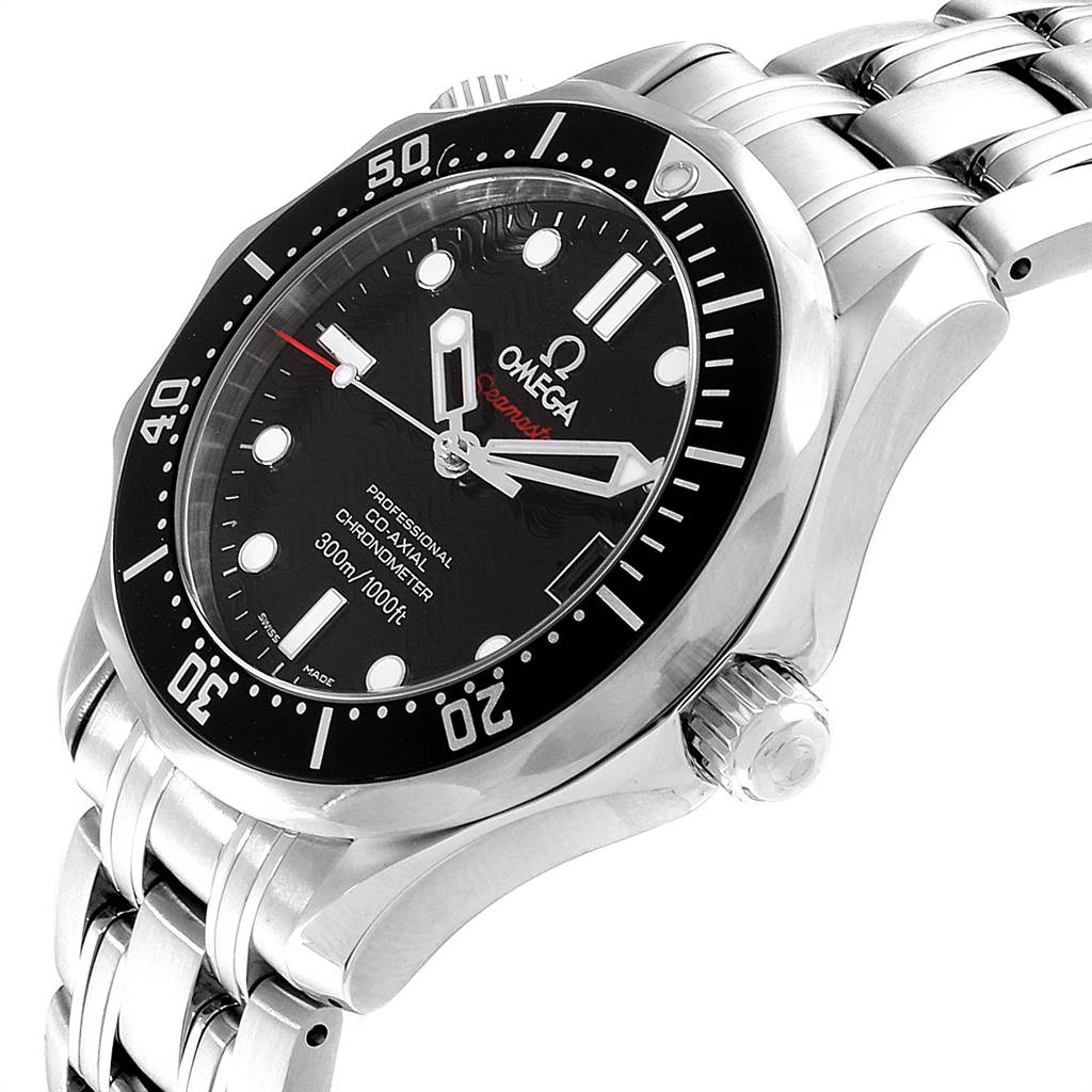 The image shows an Omega Seamaster 212.30.36.20.01.001 Stainless Steel Black Dial 212.30.36.20.01.001 Stainless Steel Black Dial watch at an angled view, highlighting the face, bezel, crown, and bracelet.