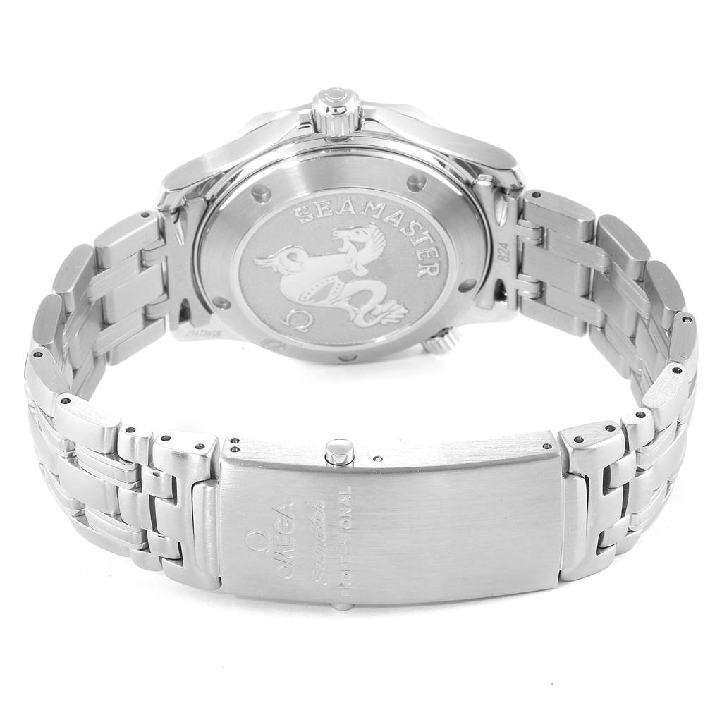 The image shows the back case and metal bracelet clasp of an Omega Seamaster 212.30.36.20.01.001 Stainless Steel Black Dial 212.30.36.20.01.001 Stainless Steel Black Dial watch at a rear angle.