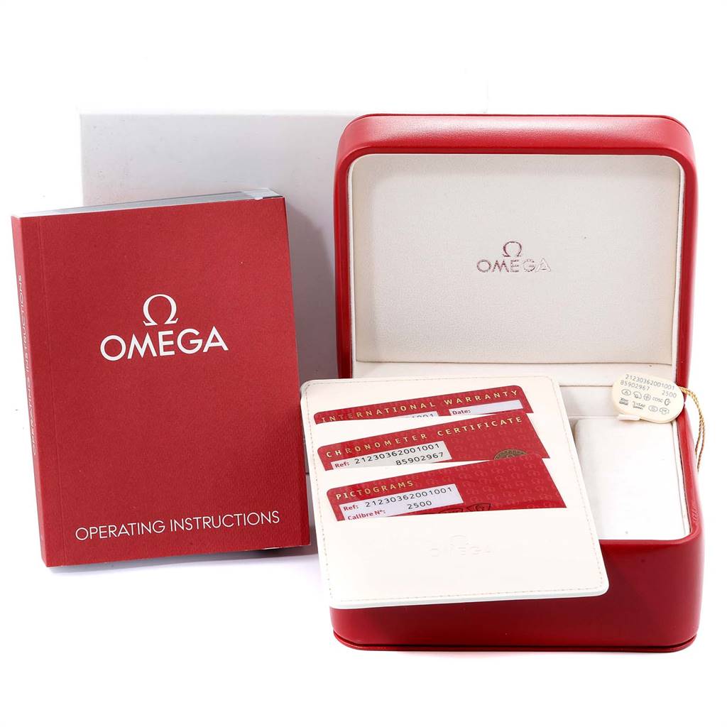 The image shows an Omega Seamaster 212.30.36.20.01.001 Stainless Steel Black Dial 212.30.36.20.01.001 Stainless Steel Black Dial watch box, instructional manual, warranty cards, and a product tag.