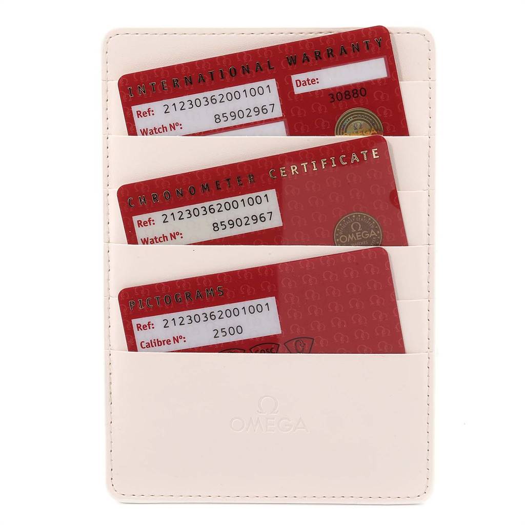 The image shows Omega Seamaster 212.30.36.20.01.001 Stainless Steel Black Dial 212.30.36.20.01.001 Stainless Steel Black Dial model warranty, certificate, and pictogram cards in a white cardholder.