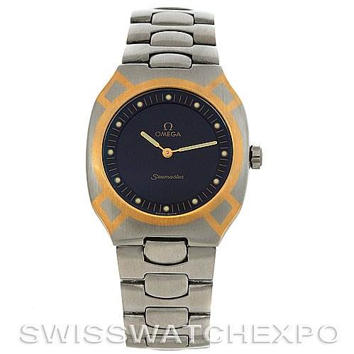 Shown from a front view, this Omega Seamaster Men's Steel and Gold (two tone) Black Dial Men's Steel and Gold (two tone) Black Dial watch highlights its dial, case, and metal bracelet.