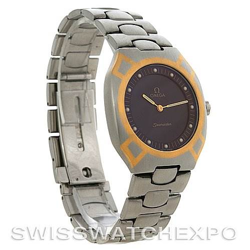 The image shows an angled view of the Omega Seamaster Men's Steel and Gold (two tone) Black Dial Men's Steel and Gold (two tone) Black Dial watch displaying the face, bezel, bracelet, and clasp.