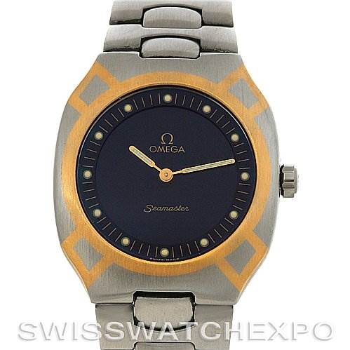 The image shows a front view of an Omega Seamaster Men's Steel and Gold (two tone) Black Dial Men's Steel and Gold (two tone) Black Dial watch, highlighting its dial, bezel, and part of the stainless steel bracelet.